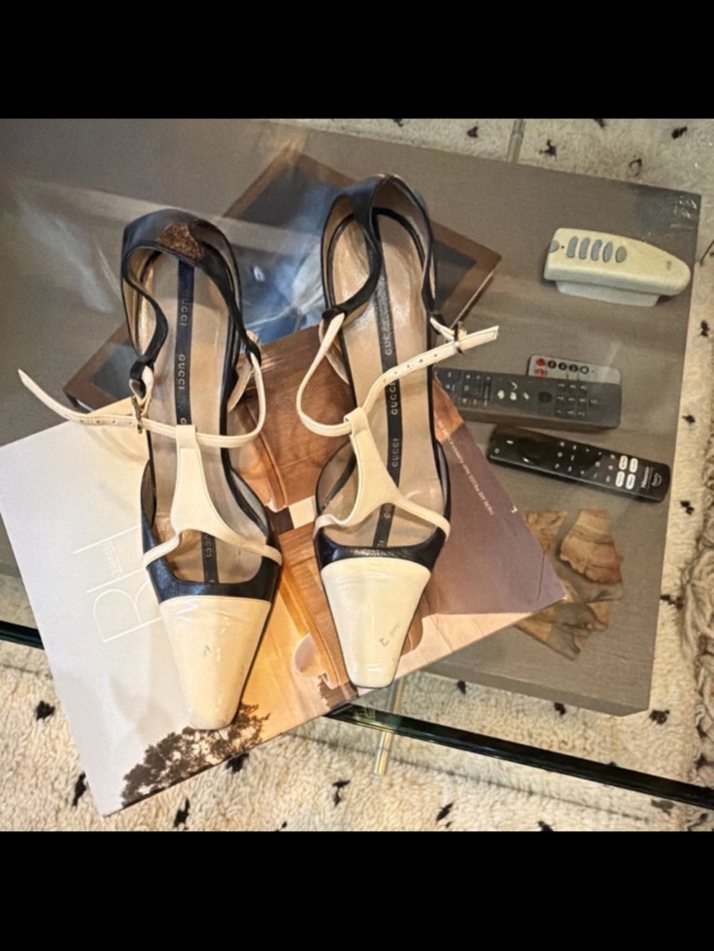 Gucci Black and Cream Leather Pointed Slingback Heels
